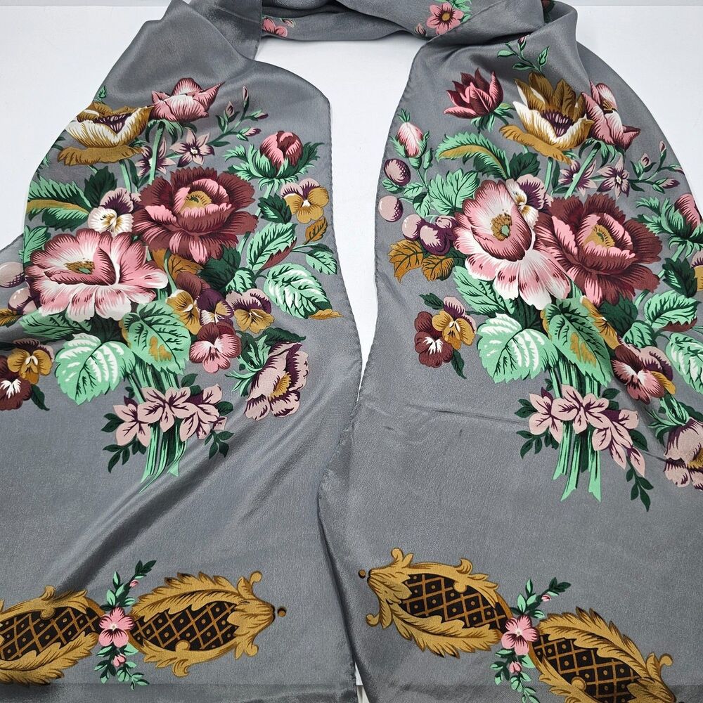 VTG Baar & Beards 100% Silk Scarf Gray Rose Floral Gold Scroll Japan Oblong